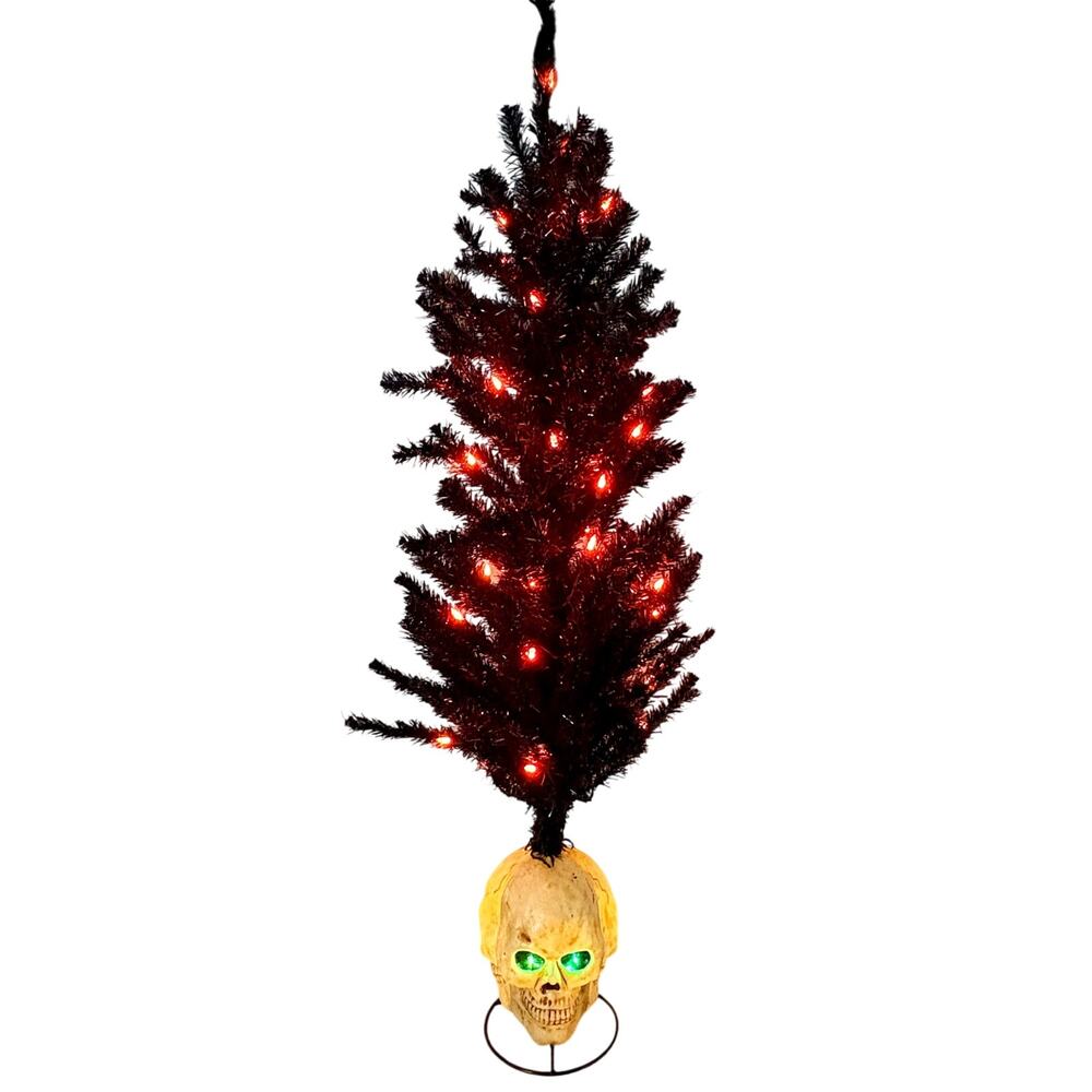 VTG Pre-Lite Black & Orange Halloween Tree Glowing Green Eye Skull Base 48” RARE